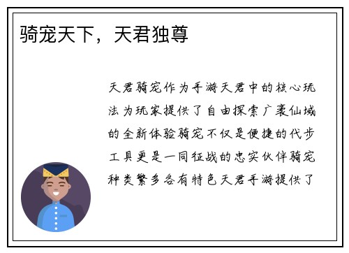 骑宠天下，天君独尊